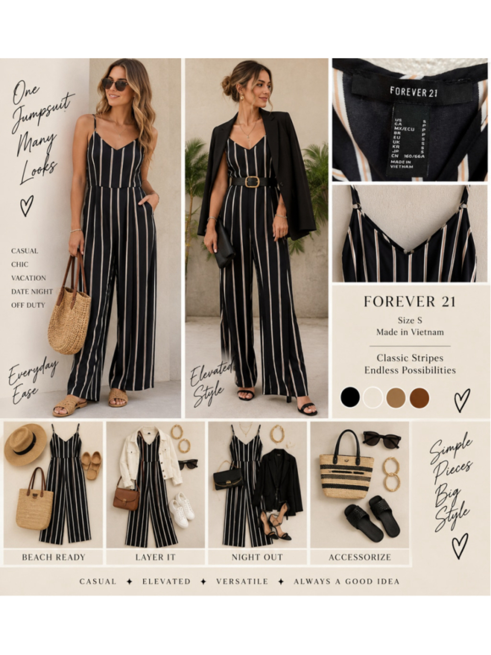 Forever 21 Striped Spaghetti Strap Wide Leg Jumpsuit Black White Small W-261